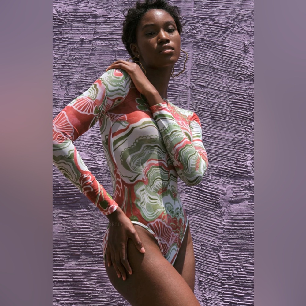 Andrea Iyama Elle Mesh Leotard Floral Long Sleeve Bodysuit one piece - Picture 7 of 14